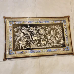 قلمزنی طرح آهو قاب مینیاتور گل و مرغ