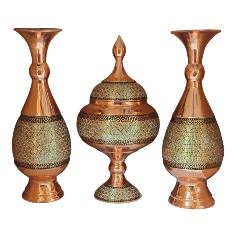 ست شکلات خوری و گلدان خاتم کاری مسی